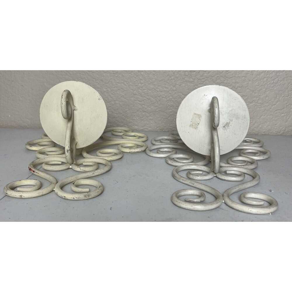 Wrought Iron Sconce Wall Hanging Pillar Candle Holder Set 2 White Scroll Nouveau - Picture 5 of 8
